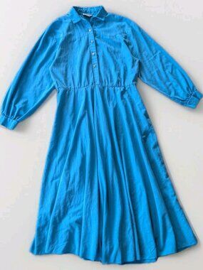 Vintage Circle T by Marilyn Lenox Blue Shirtwaist Midi Dress Size 10–12 Fits M-L